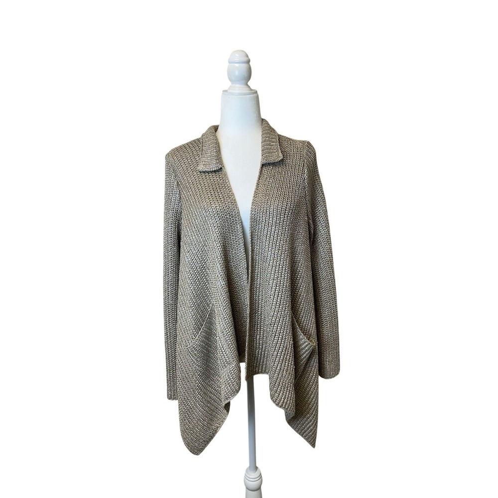 St.‎ John Collection Champagne Gold Metallic Open Drape Cardigan Sweater Small